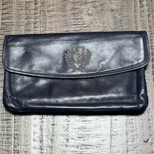 Navy Leather Clutch Wallet with Embroidery Crest